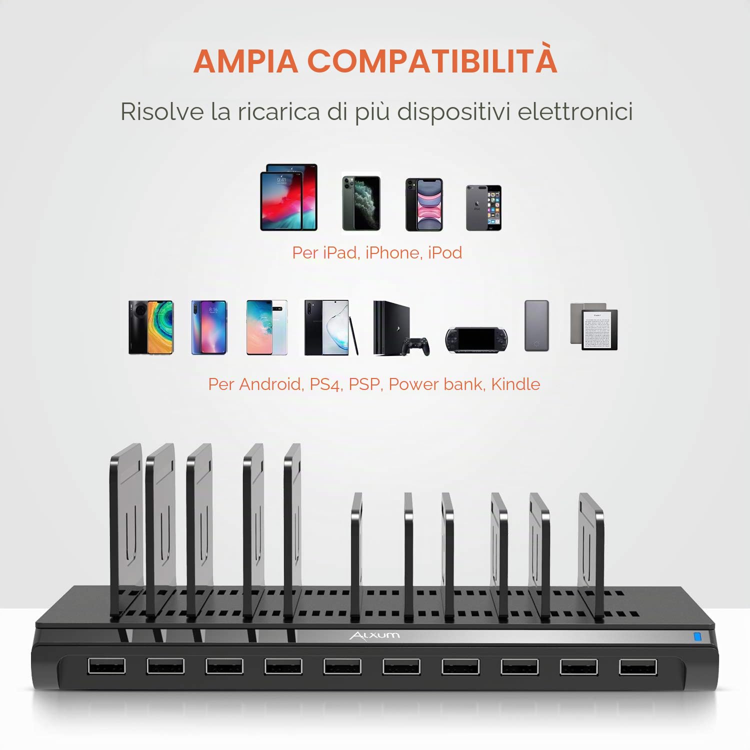 Alxum Stazione di Ricarica 10 Porte Caricatore Multiplo Cellulari, 60W Tavoletta Caricatore USB Multiplo Base Ricarica Carica Fino a 8 Telefoni, Nero