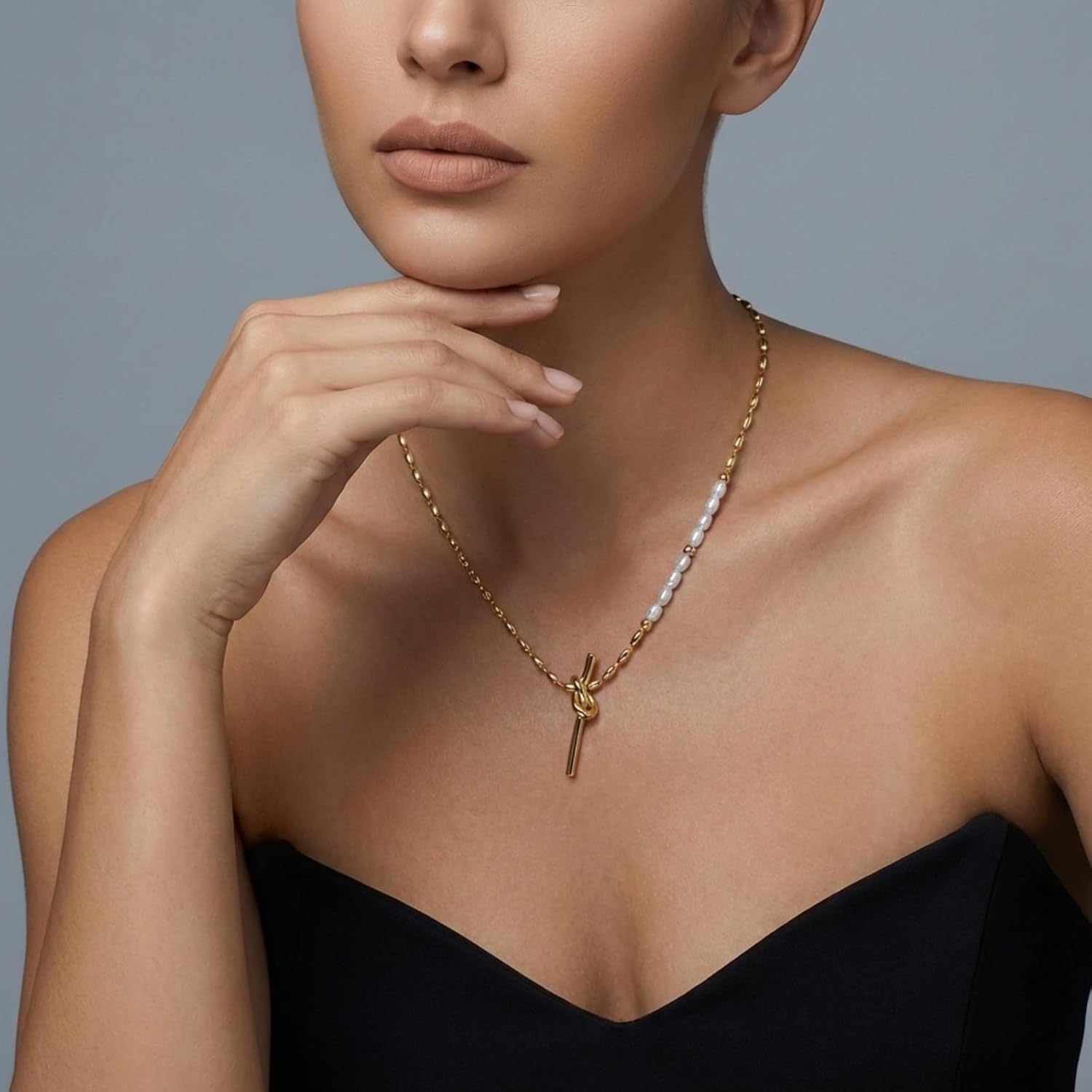 18K Gold Plated Bead Pearl Necklace with Small Golden Bow for Women, A Soft Outline
