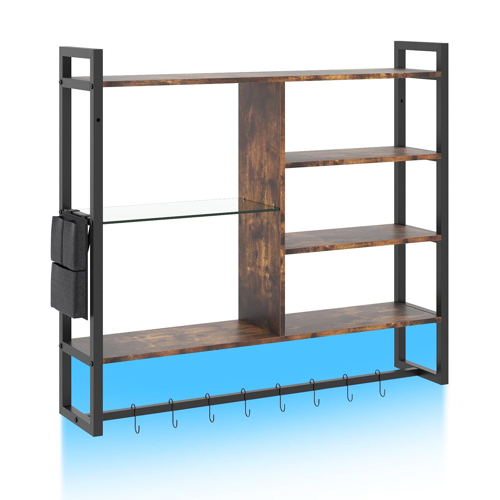 GiantexUK Floating Pipe Shelving, Wall Mounted Shelves with Side Pocket & 8 S-Hooks, Hanging Storage Display Rack for Kitchen Bar Living Gaming Room (Rustic Brown+Black, with Led Lights)