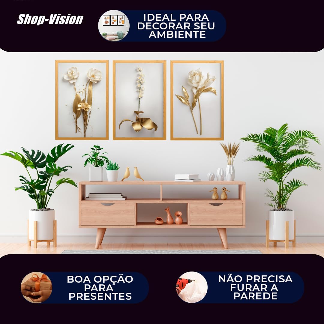 Quadro Decorativo 3 Peças Dourado Floral Branco Ouro Gold Sala Quarto Fácil Fixação com Fita Dupla Face