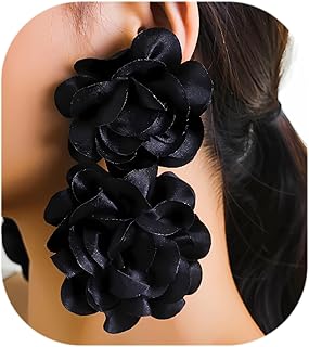 Big Flower Drop Earrings for Women Long Fabric Floral Dangle Earrings Bohemian Exaggerated Statement Satin Flower Earrings Hypoallergenic Summer 3D Fashion Jewelry Gifts