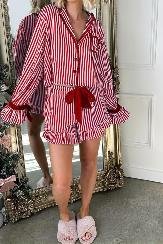 Juakoso Women Satin Christmas Pajama Set 2 Piece Silky Bow Tie Long Sleeve Shirts Ruffle Shorts Pjs Set Xmas Lounge Set - Image 3