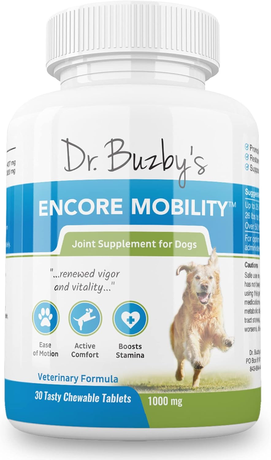 Dr. Buzby's Encore Mobility Hip & Joint Supplement for Senior Dogs, 30 Chewable Tablets, Natural New Zealand Deer Velvet and Green…