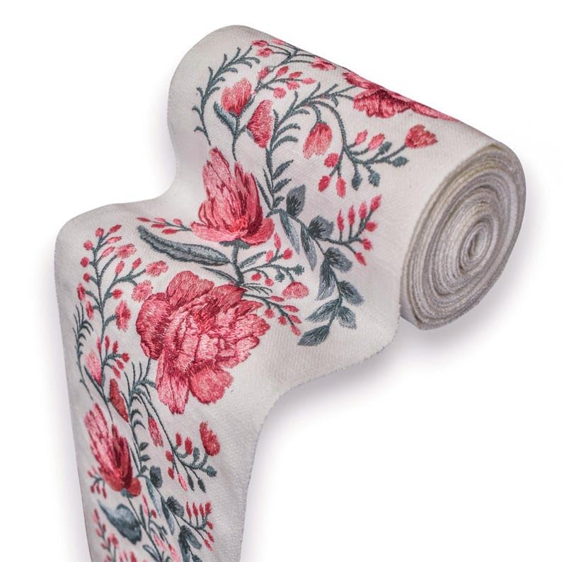 Fabric Mart Direct Ivory & Fuchsia Pink Floral Peony Vine Haftowana ozdobna wstążka z tkaniny na metry, botaniczna taśma obramowująca zasłony, koronka tapicerska na obrus, 5,50 cala (139 mm)