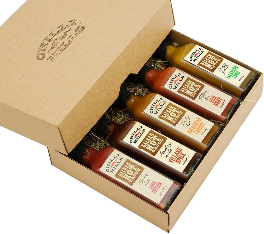 Chilli Hills Full House Gift Set - 5 x Finest Hot Sauces, Hand Crafted from Chili Peppers Grown in Our Family Farm. All Natural, GMO & Gluten Free, Vegan - 5 x 100 ml Glass Bottles.