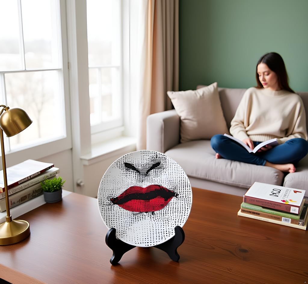 AlphaDesignLuxe 10" Italian-Style Decorative Plate – Modern Art Face Design, Handcrafted Ceramic Platter for Tabletop or Wall Display (Red Lips)