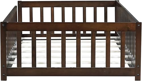 Miniatura 136 de Harper & Bright Designs Cama de suelo tamaño Queen con valla y puerta, marco de cama Montessori de madera para niños, niñas, listones incluidos, no