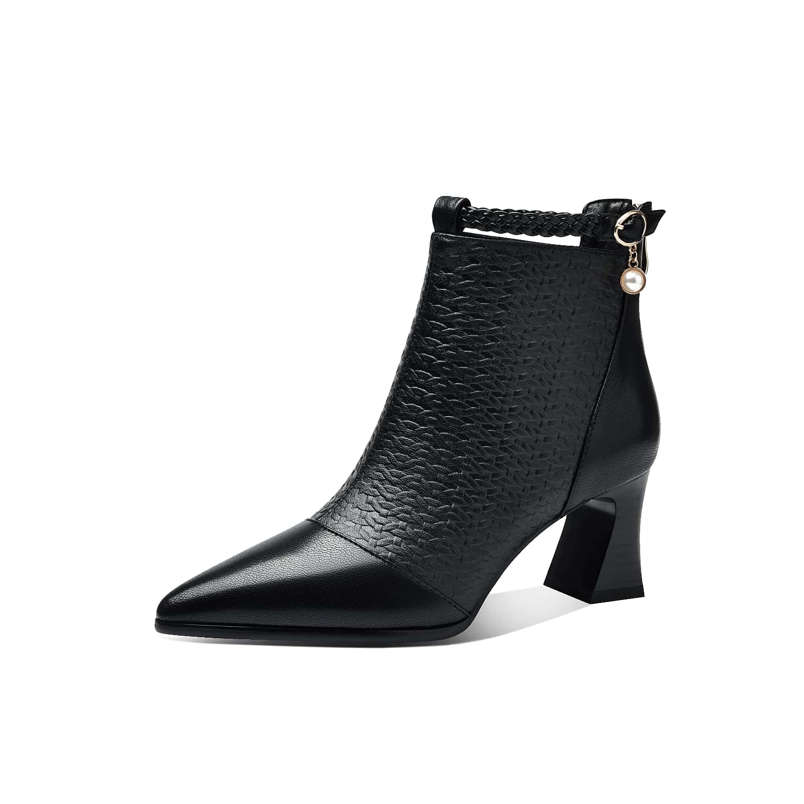 TinaCus Womens Genuine Leather Handmade Embossed Ankle Pendant Pointed Toe Spool Low Heel Ankle Booties