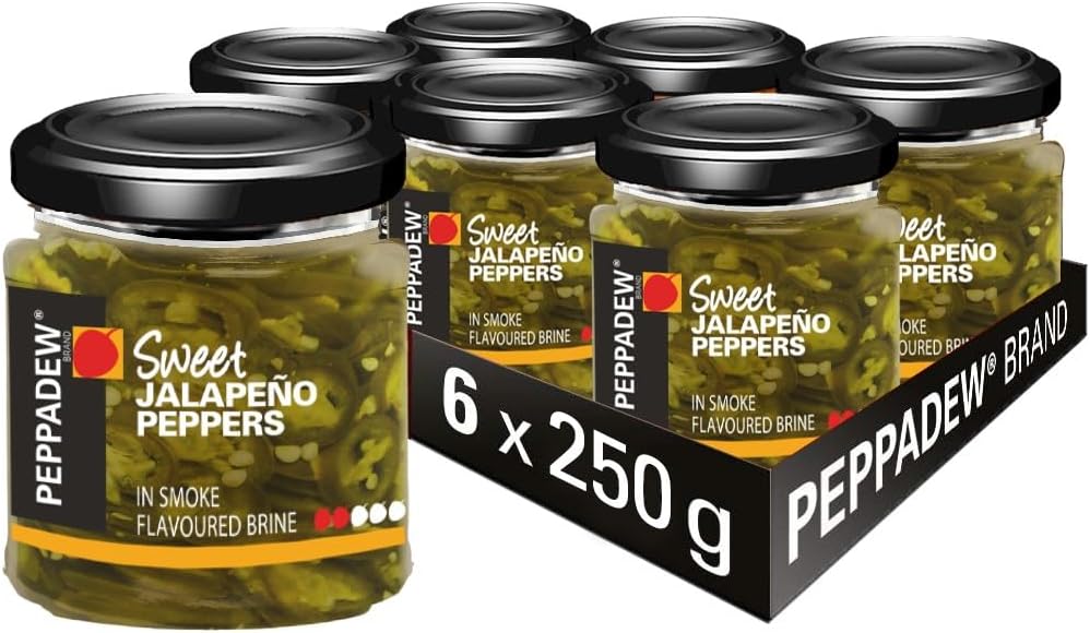 PEPPADEW Sweet JalapeƱo Peppers in Smoke Flavoured Brine, Sliced JalapeƱo Perfect for Topping Salads, Salsa and Pizza, Pack of 6 Jars x 250g