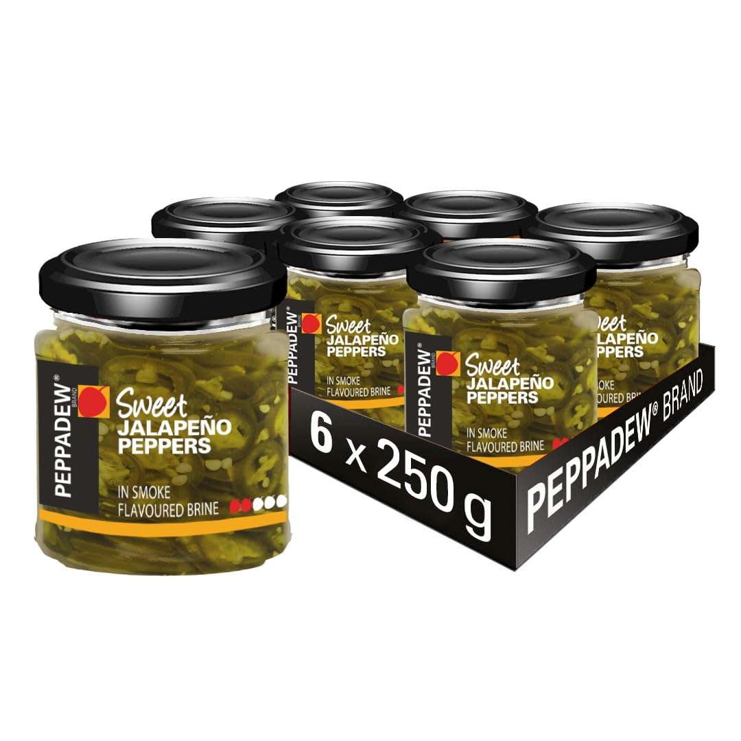 PEPPADEW Sweet Jalapeño Peppers in Smoke Flavoured Brine, Sliced Jalapeño Perfect for Topping Salads, Salsa and Pizza, Pack of 6 Jars x 250g
