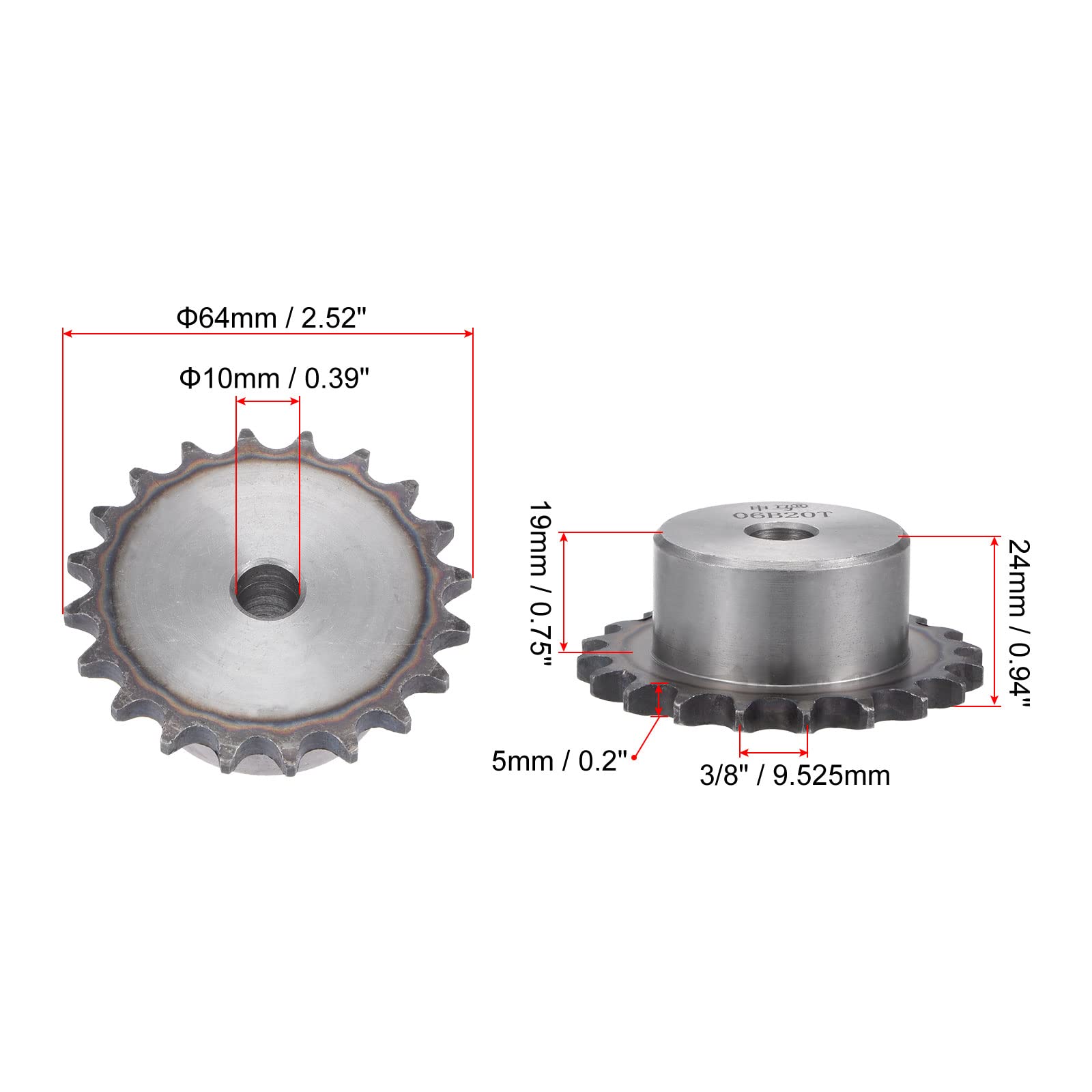 sourcing map 20 Dents Pignon Type B Simple Brin 3/8" Pas 10mm Alésage A3 Carbone Acier pour ISO 06B