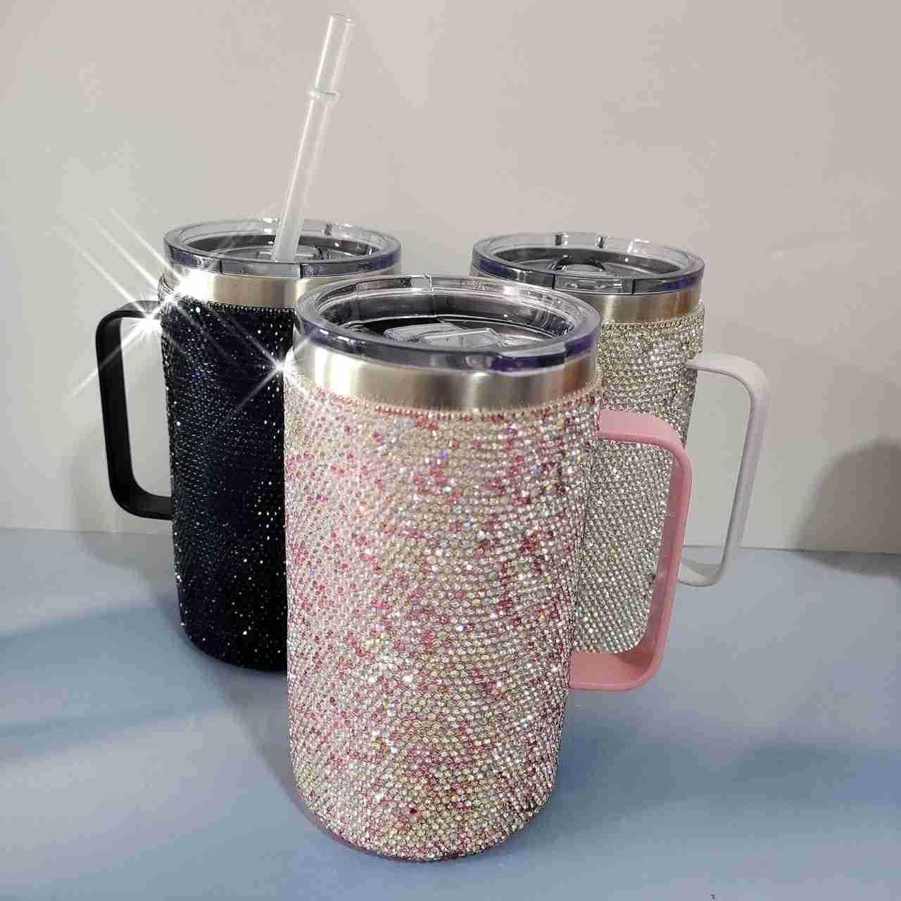 Bling Dazzling Rhinestone Stylish 25oz ​Vacuum Insulated Stainless Steel Travel Water Bottle Cup Tumbler Mug with Handle Lid -Pink