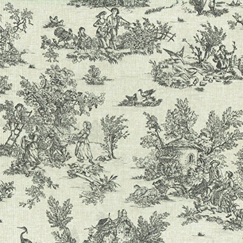 Textiles français Tissu de Coton imprimé - Toile de Jouy | La Vie Rustique - Gris Anthracite (Fond: Aspect Lin) | Largeur: 155 cm (par Mètre Linéaire)*