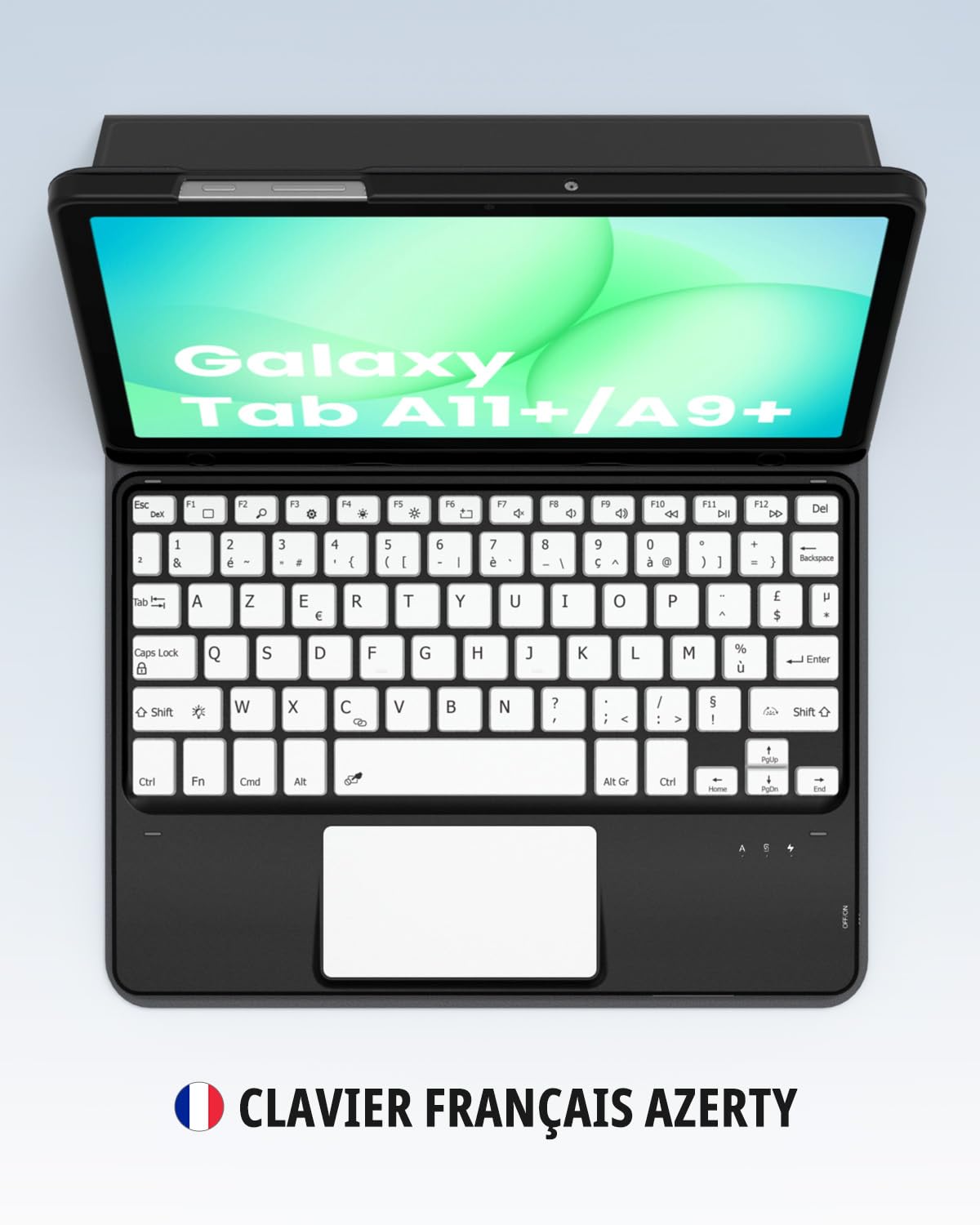 CACOE Étui Clavier Compatible avec Samsung Galaxy Tab A11 Plus / А9 Plus 2025/2023 11 Pouces avec Pavé Tactile, Éclairage 7 Couleurs Clavier AZERTY sans Fil Amovible, Noir