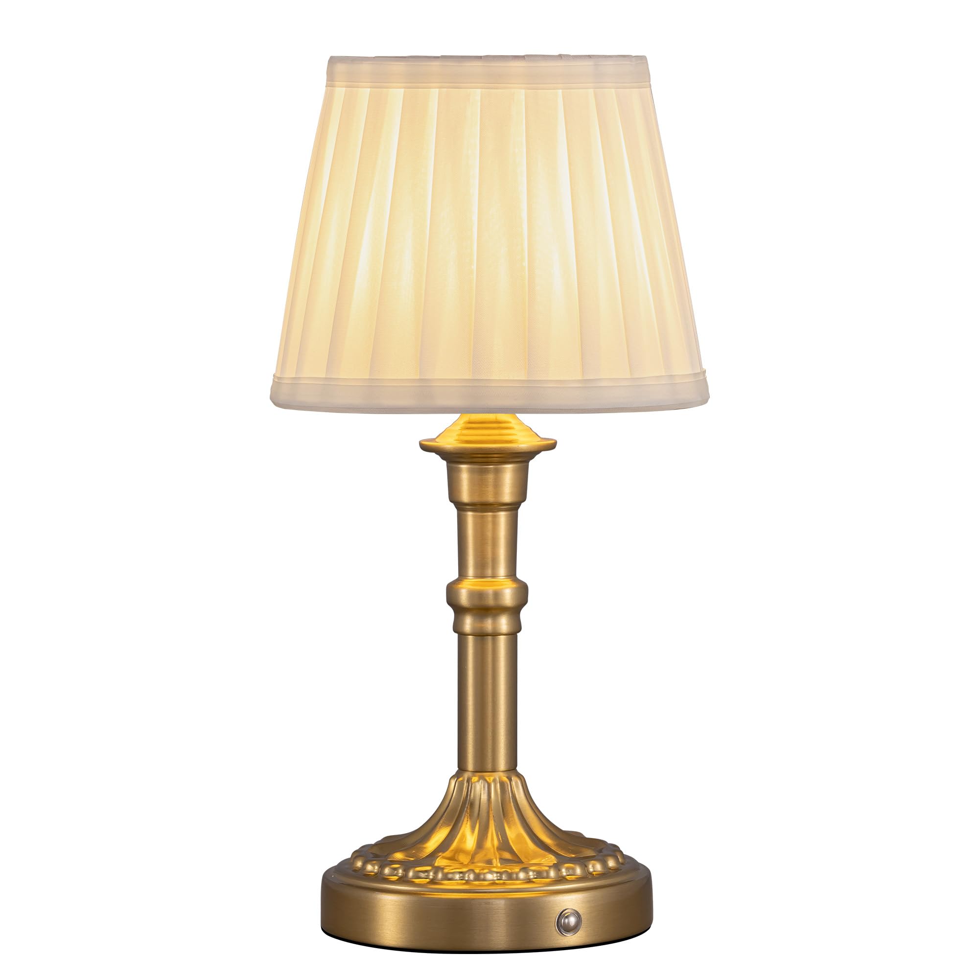 NEWSEE Lámpara de mesa inalámbrica recargable, pequeña lámpara de noche con pantalla de tela, luz táctil LED de atenuación continua para sala de estar, comedor, dormitorio, baño (bronce)