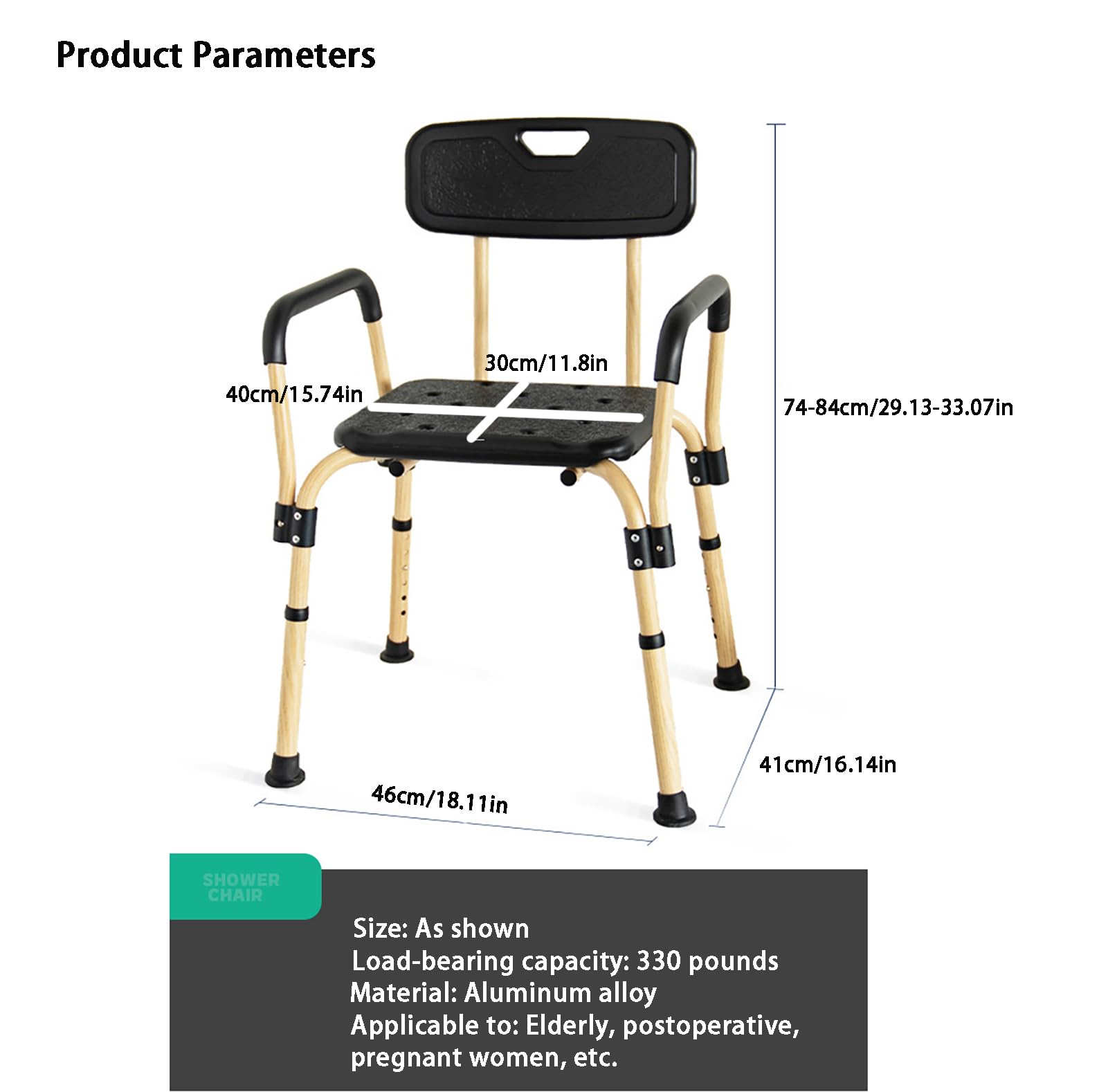 Silla de ducha para ancianos y discapacitados, asiento de baño de altura ajustable con respaldo y brazos, diseño antideslizante, capacidad de 330 libras