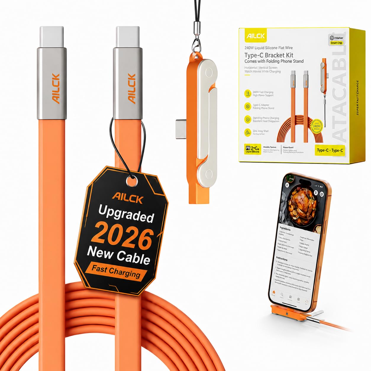 Phone Charger 240w Stand Data Cable Flat with Invisible Type C Sideways Holder Right Angle USB C for Android Smartphone Tablets Ultra Fast Super Folding Horizontal 2 in 1 Detachable Cell Phone