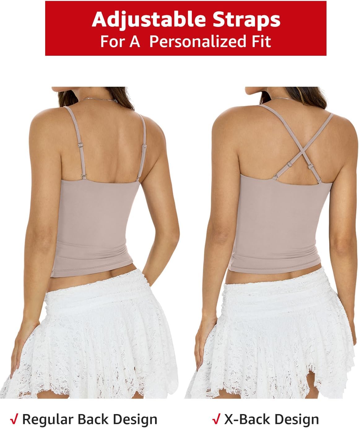 Womens Padded Double Lined Crop Tank Tops Square Neck Built in Bra Tops Adjustable Spaghetti Strap Cami Shirts - Image 4