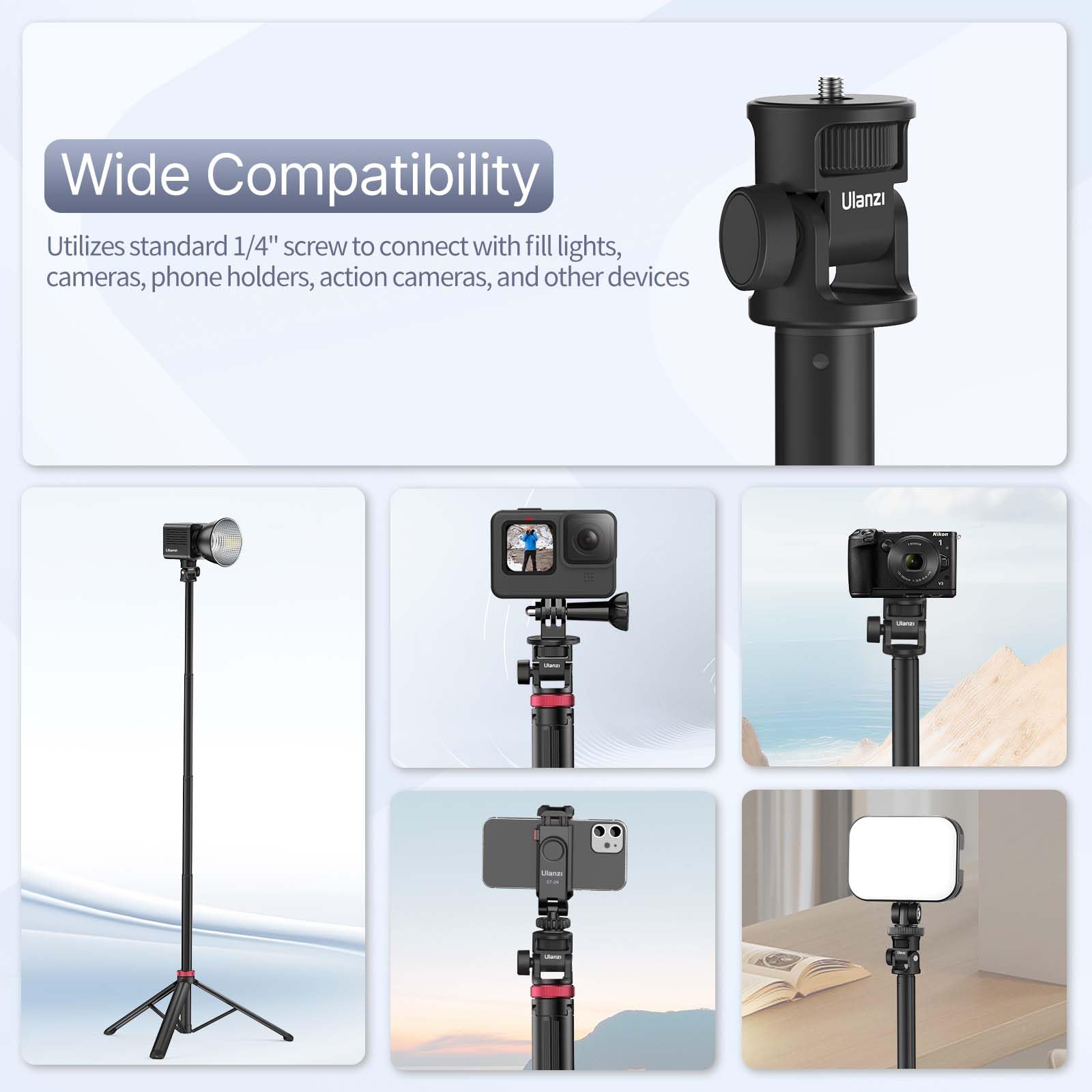 Trépied pour téléphone Portable ULANZI MT-79, Perche à Selfie Extensible de 204cm en Aluminium, trépied pour Appareil Photo avec réglage d'angle à 180° et vis 1/4" pour Lampe vidéo pour Smartphone