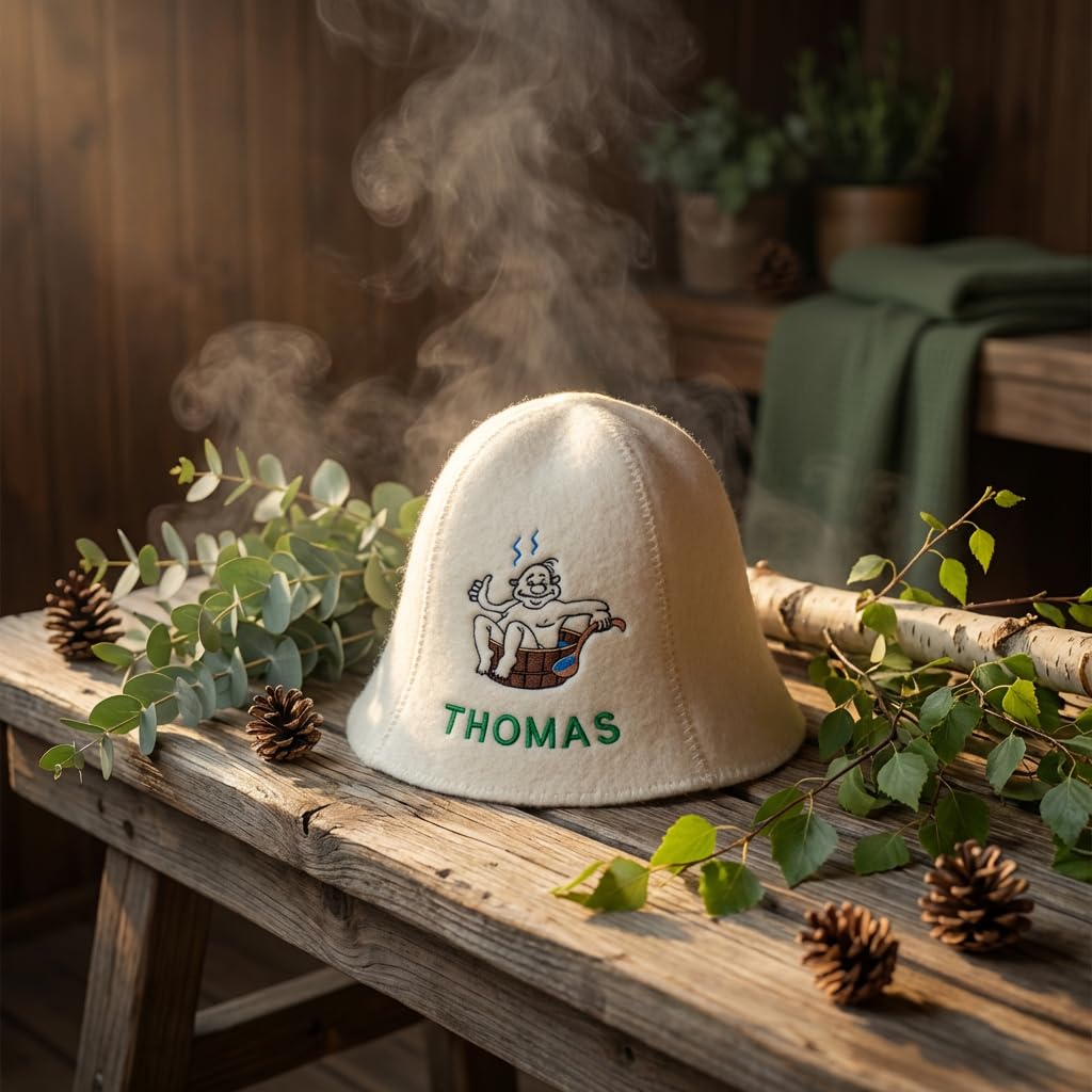 Personalisierter Saunahut aus 100 % Bio-Wolle – Premium Saunahut Herren mit Name Bestickt – Hochwertige Saunamütze als Exklusives Sauna Zubehör für stilvolle Saunagänge