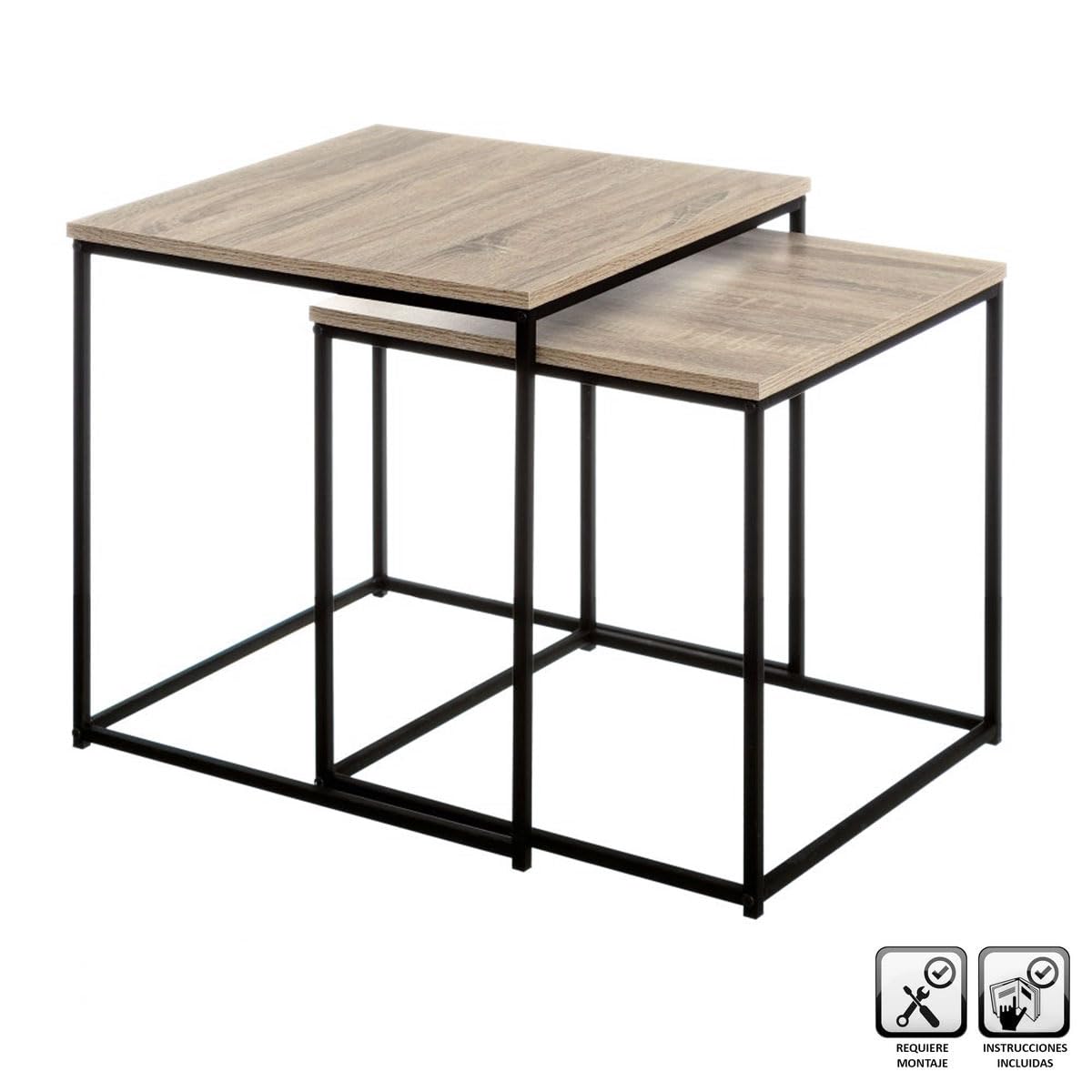 Set de 2 mesas de centro nido de madera natural y metal negro de 50x50cm | Estructura apilable de diseño moderno, auxiliar muy versátil para salón u oficina.