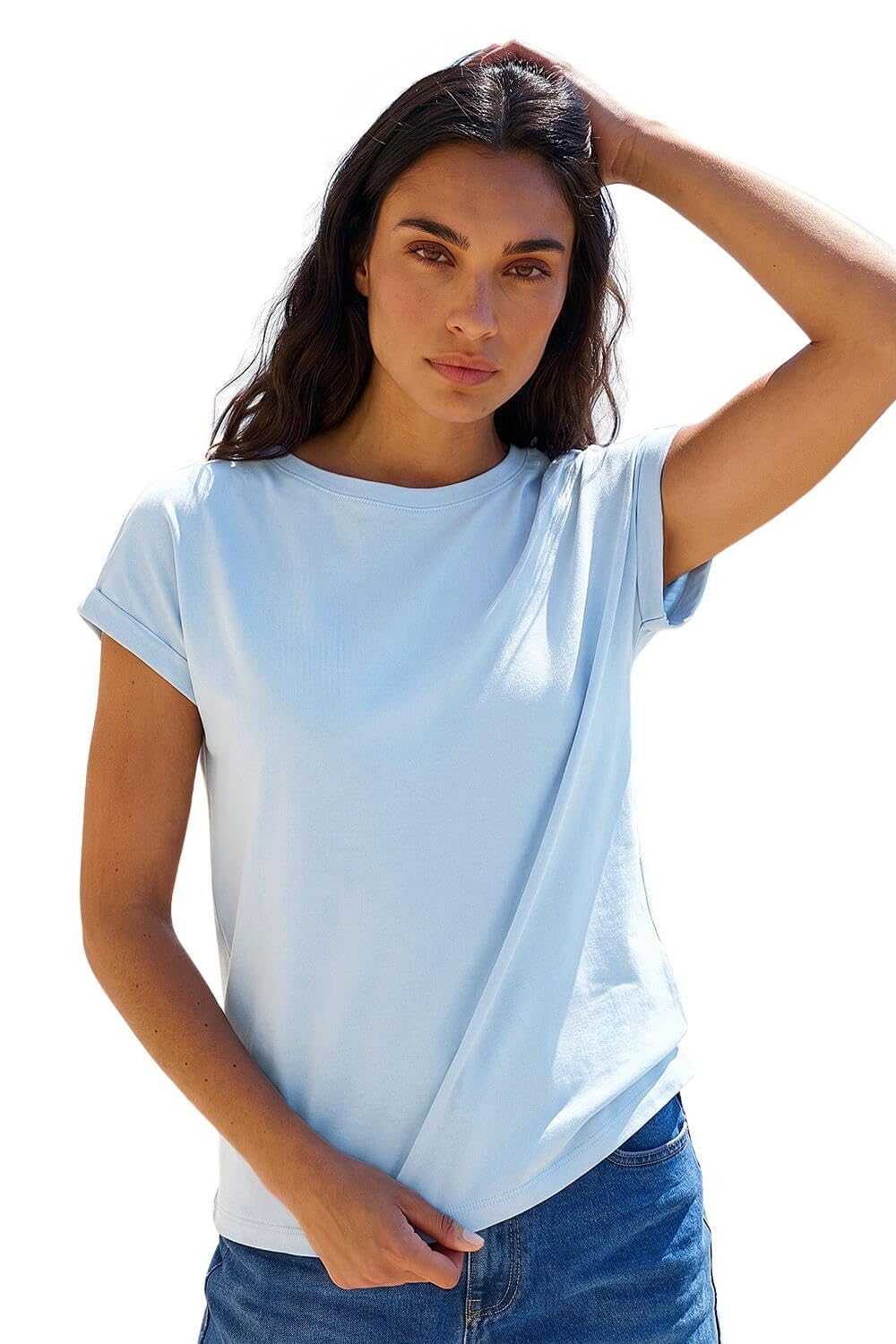 Roman Women's Plain Stretch Cotton Jersey T-Shirt in Light Blue | Size: 20