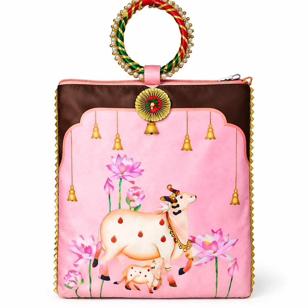 decorativedreams Ethnic Potli Bag for Women with Handle – Floral & Pichhwai (Cow) Design Gift Pouch | Ideal for Wedding Return Gift, Mehendi & Haldi Function-picture-53