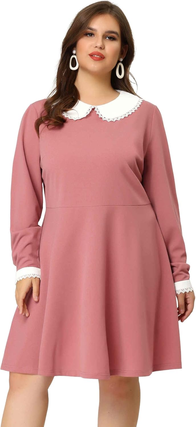 Agnes Orinda Plus Size Dresses for Women Long Sleeve Doll Collars Peter Pan Collar A-line Flare Midi Dress