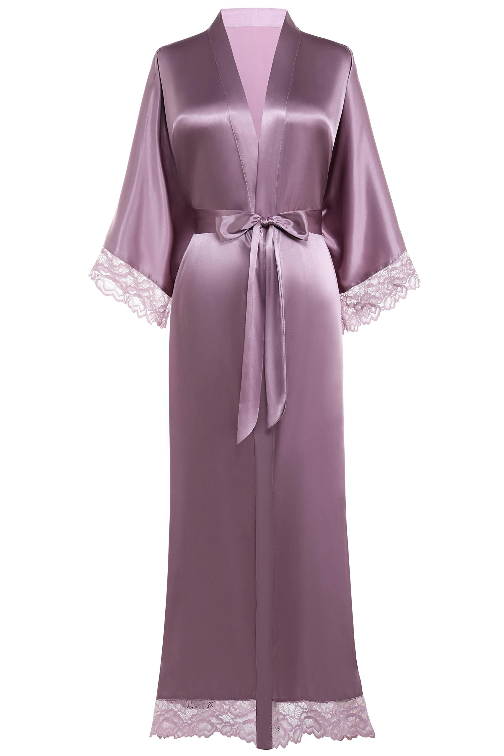 BABEYOND Bata tipo kimono para mujer de satén, bata larga tipo kimono para dama de honor, bata de baño con ribete de en…