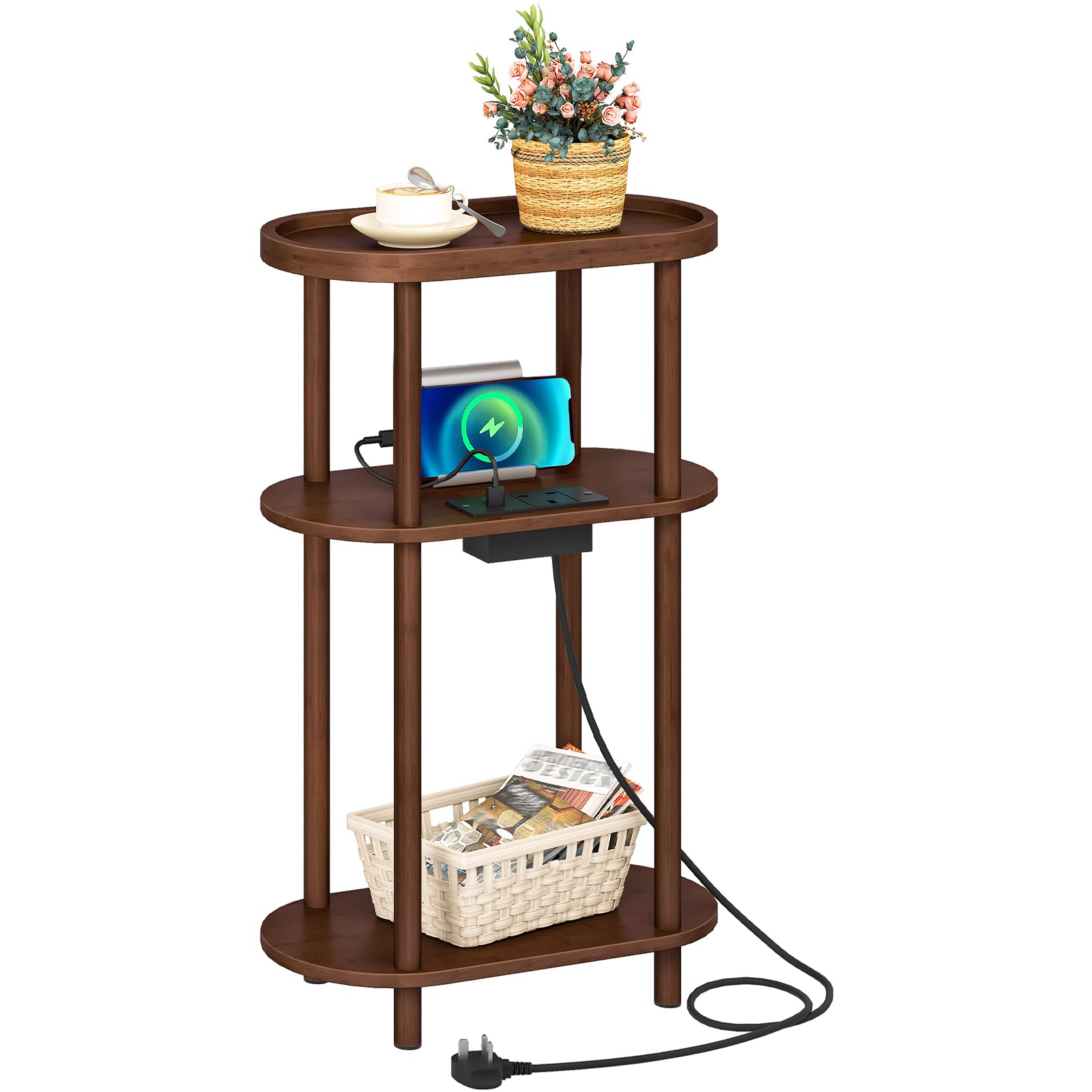 HOOBRO Narrow Side Table with Charging Station, 3 Tier Bamboo Slim End Table, 40 x 20 x 66 cm Narrow Bedside Table, Sofa Side Table, for Living Room, Bedroom, Easy Assembly, Dark Brown EMA178KBZ01