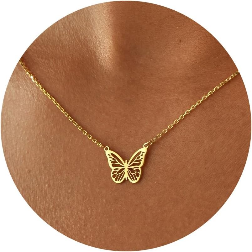 Irikdescia Collier avec pendentif papillon en or 14 carats – Chaîne fine – Collier papillon brillant – Bijou élégant pour femme et fille