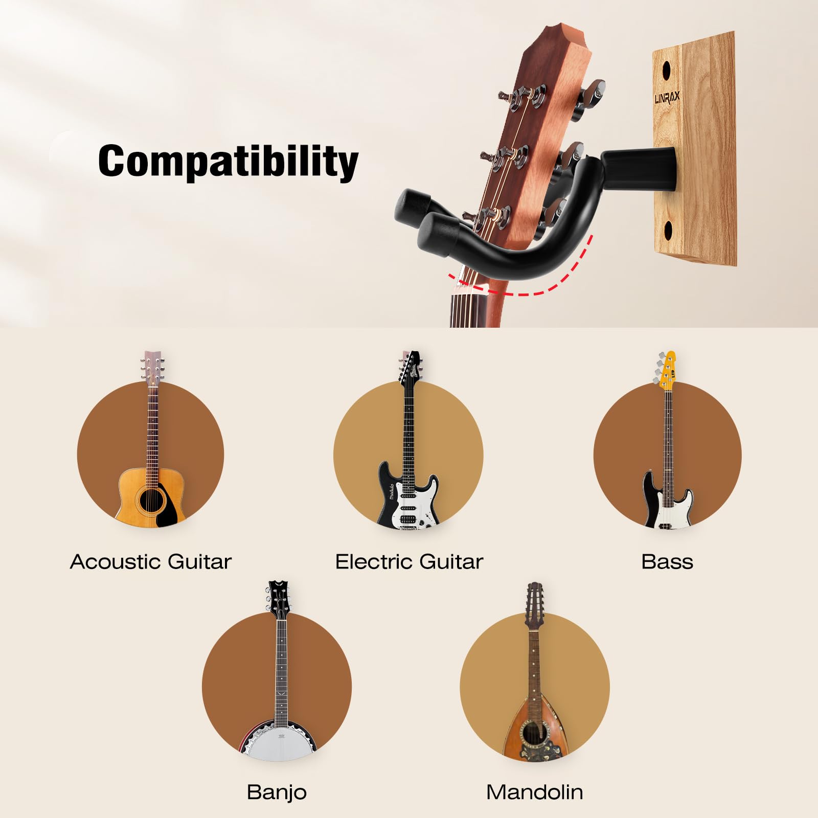 Uchwyt Ścienny na Gitarę, 2 Sztuki Wieszak Ścienny do Gitary, Drewniany Wieszak na Gitarę, Hak na Gitarę Akustyczną Elektryczną Basu Banjo Mandolina, Uchwyt na Gitarę, Stojak Ścienny do Gitary