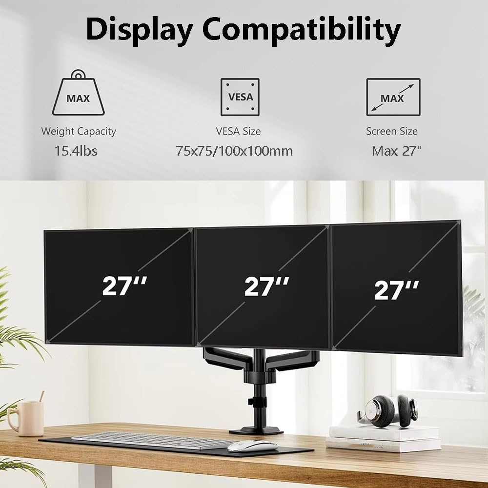 Support Pour Triple éCran – Fixation De Bureau Avec Bras Unique Supportant Jusqu'à 15,4 Lb (Env. 7 Kg) – Compatible éCrans 27″ – Inclinaison RéGlable à 35°/90°/180°