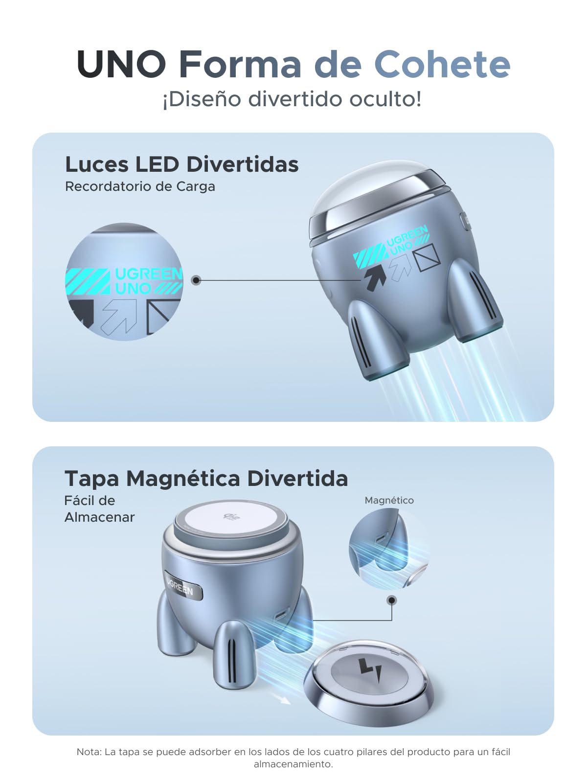UGREEN MagFlow Qi2 25W Cargador Inalámbrico 2 en 1 con Forma de Cohete