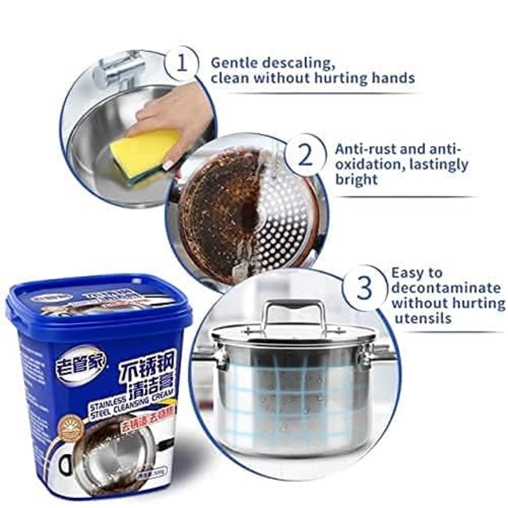 HEVIR Stainless Steel Cookware Cleaner Paste - Multi-Purpose Rust Remover & Stain Remover - Quick Cleaning for Pots, Pans, Ovens, and Burnt Marks - Universal Household Cleaner & Polish 1