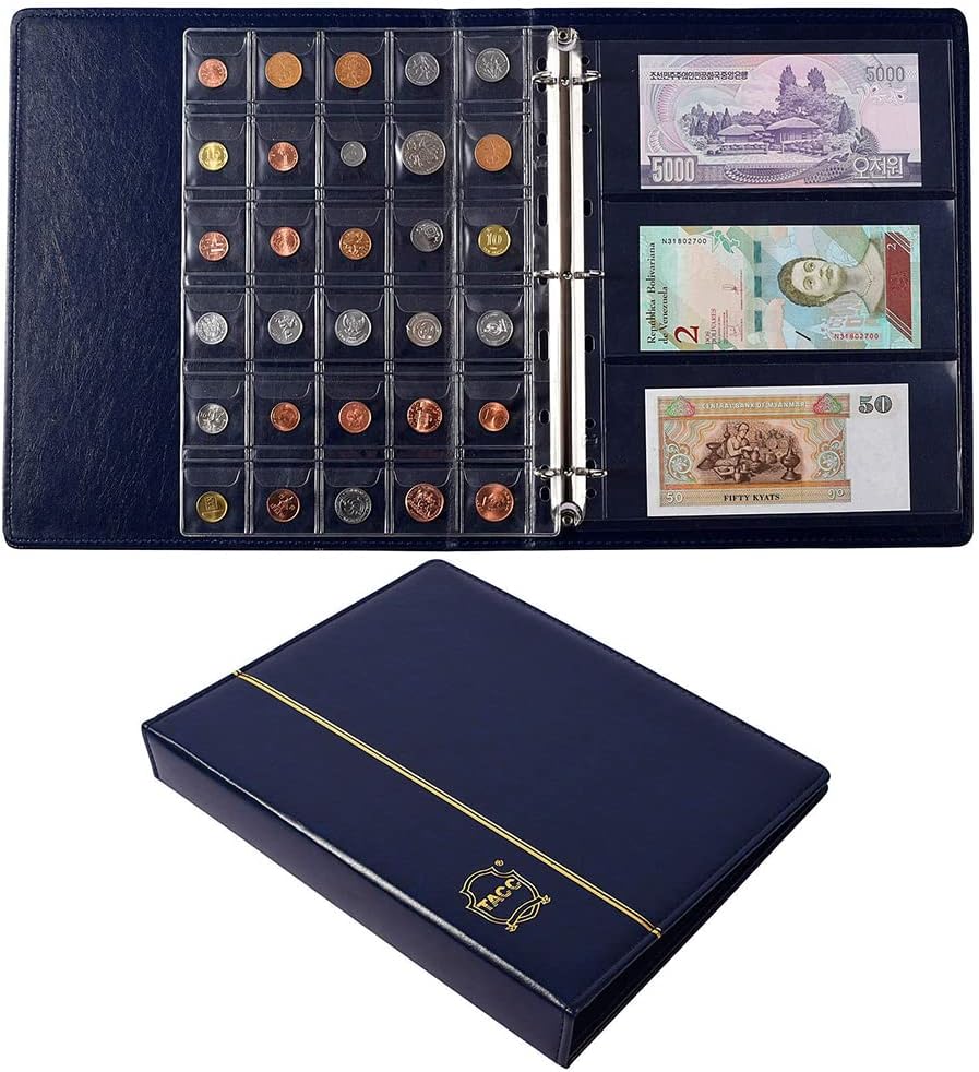 Coin Collecting Holder Album Paper Money Currency Leather Pockets Collection Supplies Holders, Large Storage Book for Collectors, Coin Bill Commemorative(Blue)