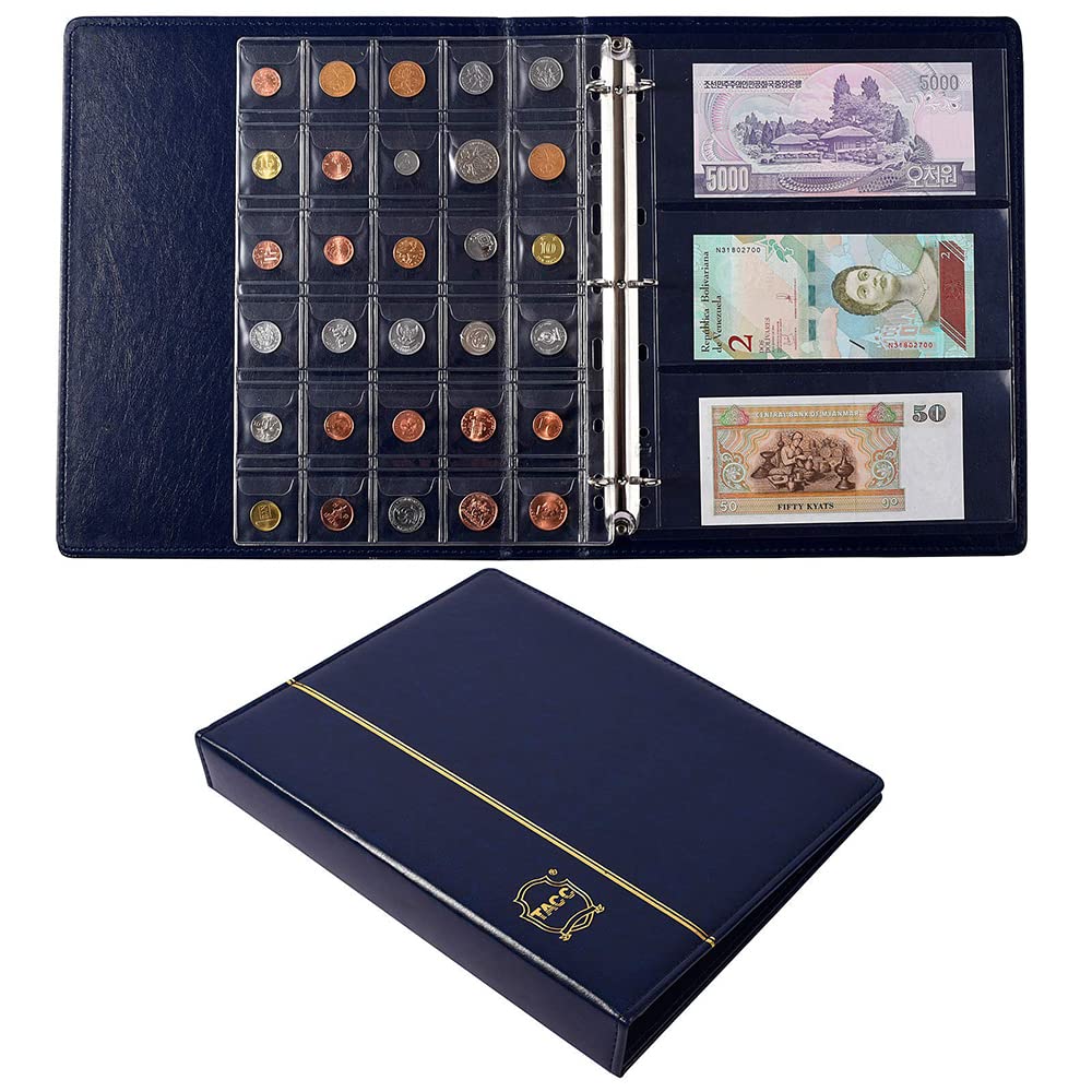 Coin Collecting Holder Album Paper Money Currency Leather Pockets Collection Supplies Holders, Large Storage Book for Collectors, Coin Bill Commemorative(Blue)