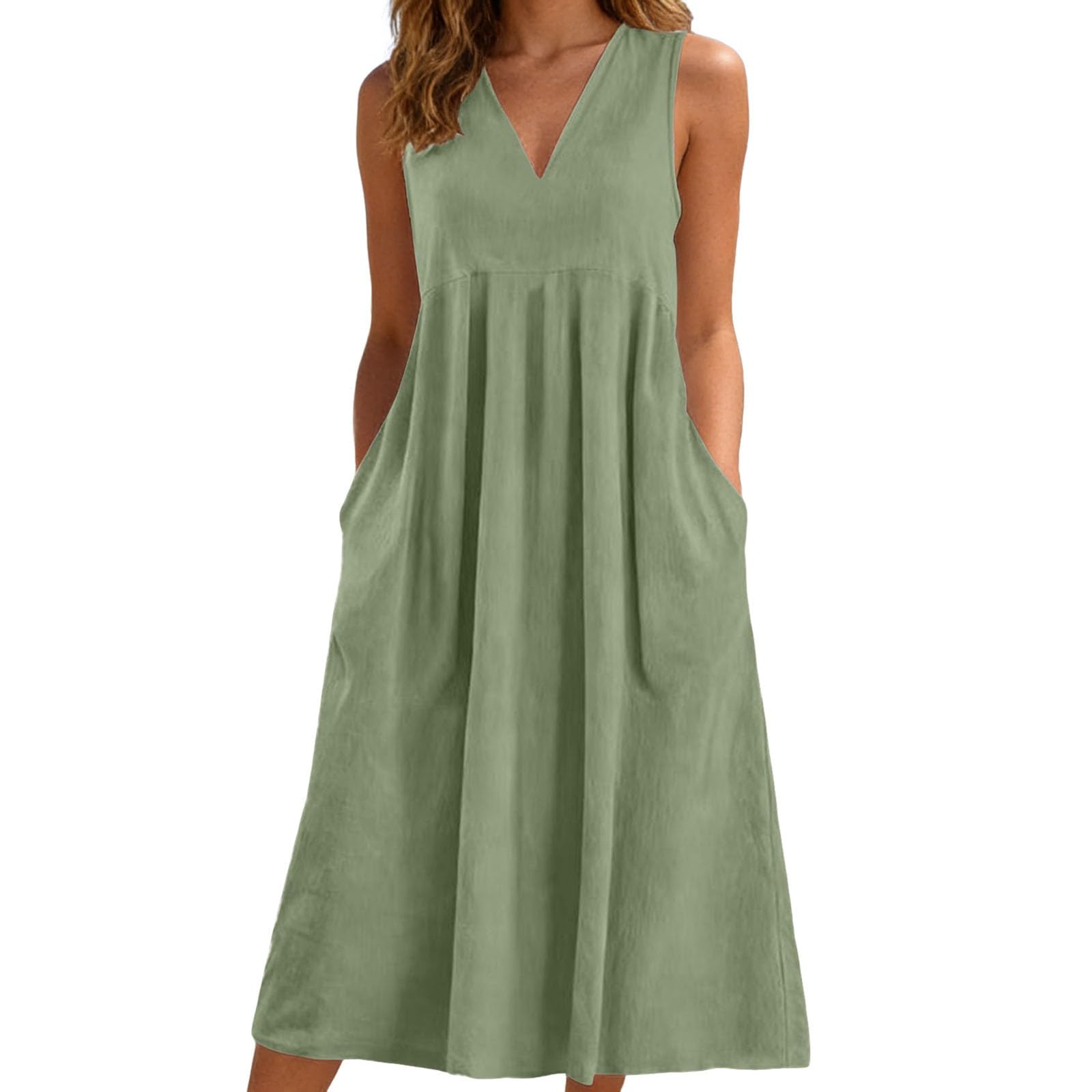Generisch Leinenkleider Damen Sommer Midi Sommerkleid Leinen V-Ausschnitt Trägerkleid Musselin Kleid Lang Strandkleid Leicht und Luftig Freizeitkleid mit Taschen Ärmellose Baumwollkleid