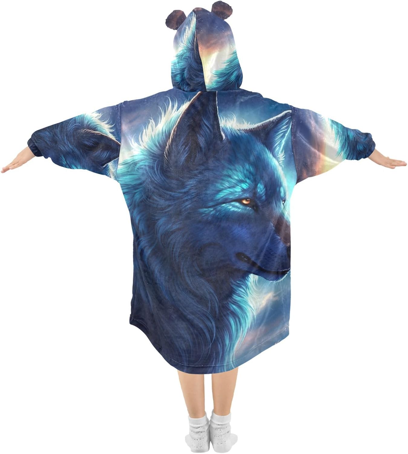 Wolf Wearable Blanket Hoodie for Kids Oversized Sherpa Hooded Blanket Cozy Warm Gift