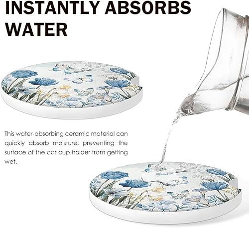Miniatura 4 de Juego de 2 posavasos de mariposa para automóvil, portavasos de cerámica absorbente de 2.63 pulgadas, base de corcho antideslizante, con muesca de
