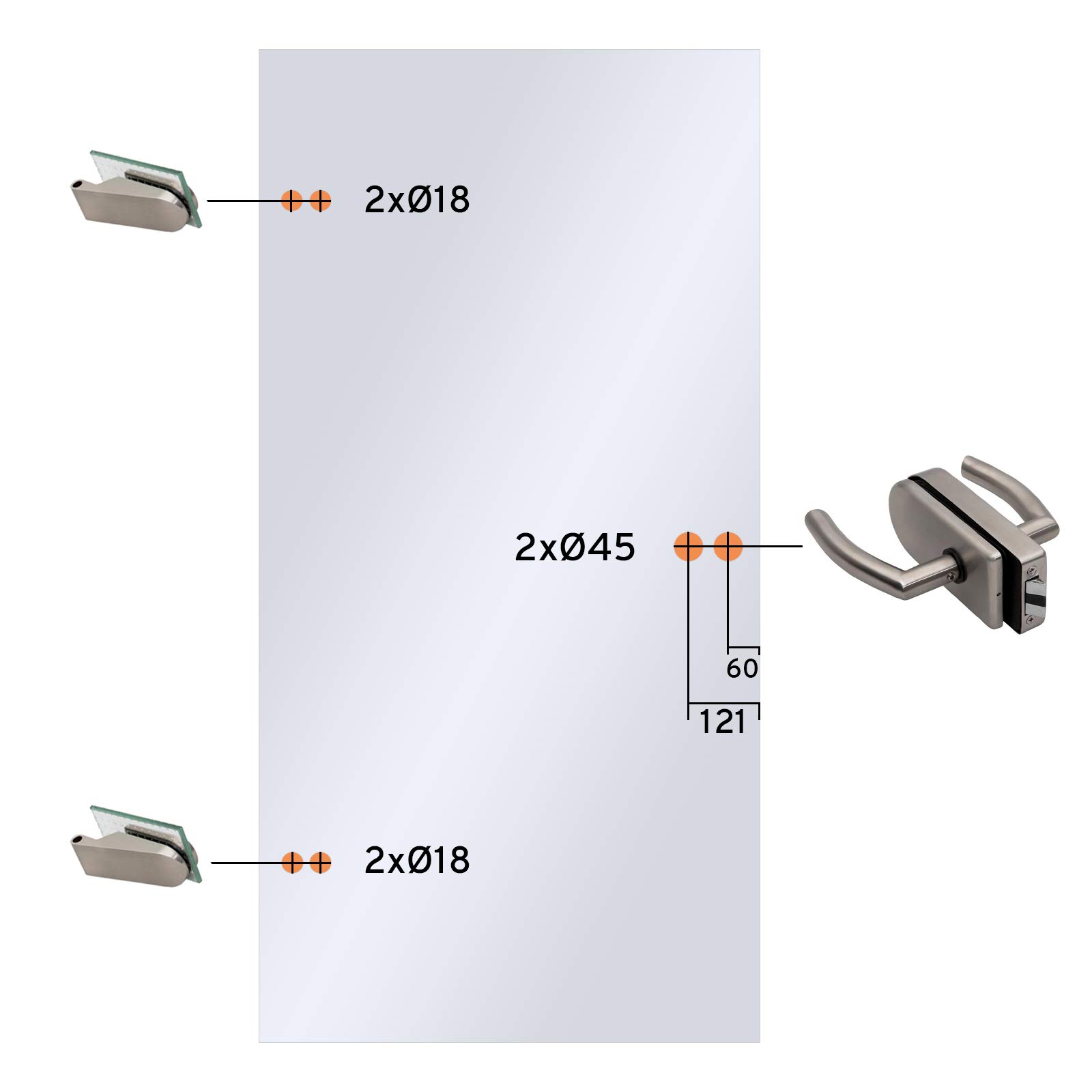 inova Glastür 834x1972x8mm Klar-Glas DIN Links Komplettset mit Beschlag Studio „04“ Echtglas Drehtür