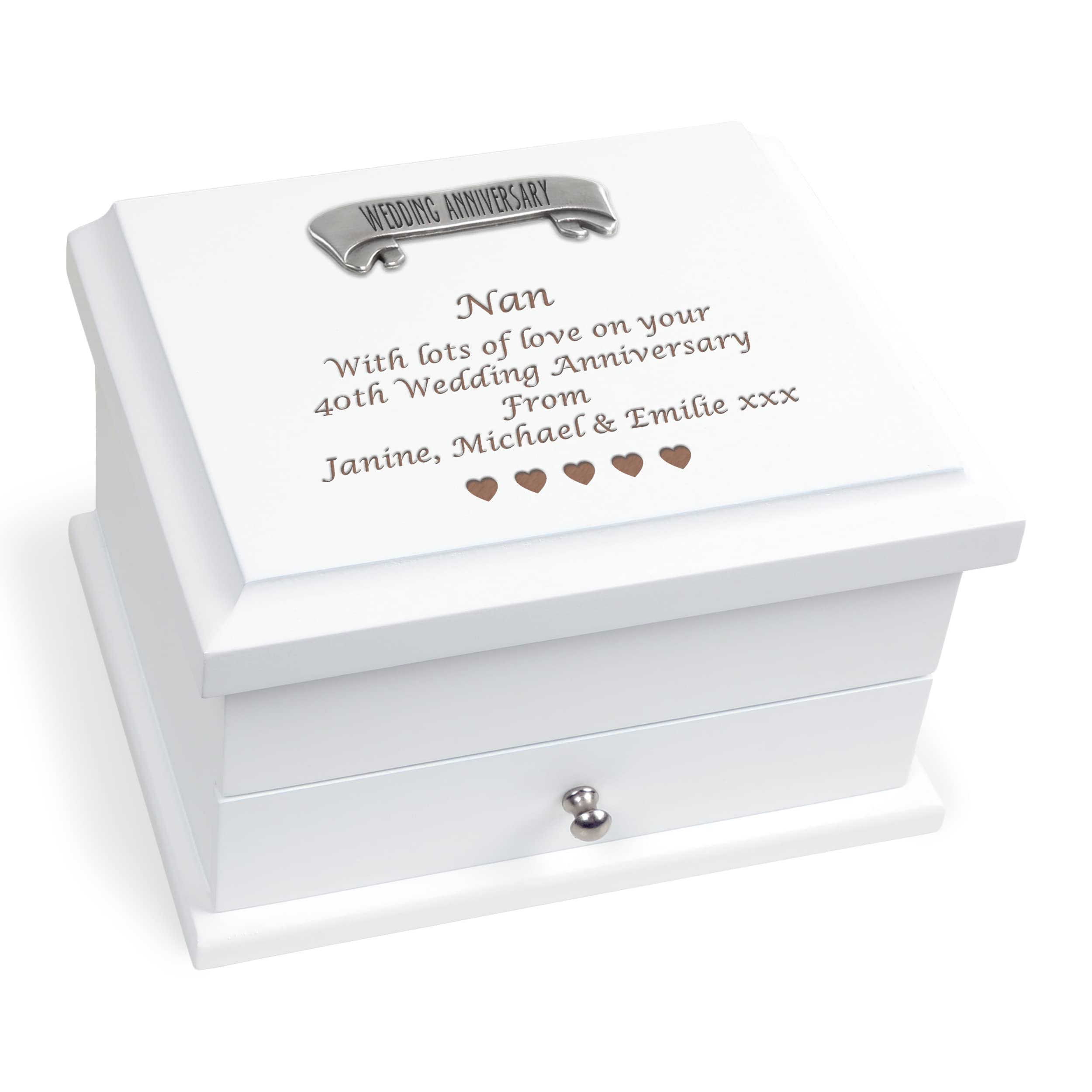 De Walden Girls White 40Th Ruby Wedding Anniversary Engraved Jewellery Storage Organiser 18Cm X 14Cm X 11Cm