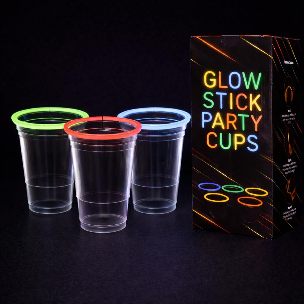 Panda Ant Glow Stick Party Cups, 20 Cups & XL Glow Sticks, 450ml/16oz, 5 Colours