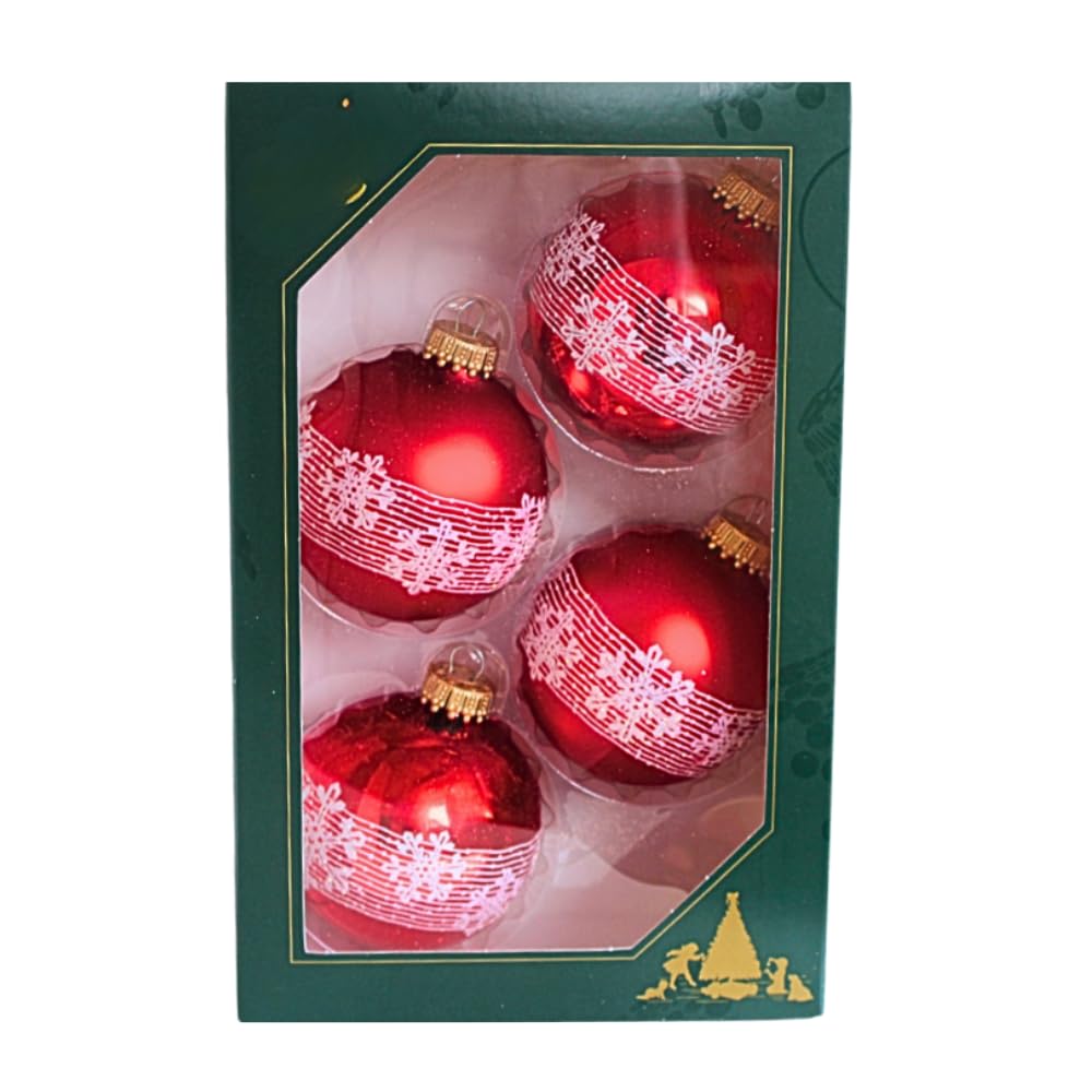 Dekohelden24 Lauscha Christmas Tree Decorations Set of 4 Christmas Tree Baubles in Red 7 cm with Golden Crown in Snow Crystal Design