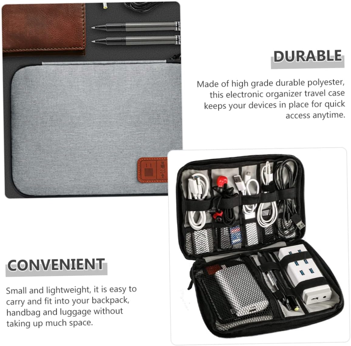 DOITOOL 2pcs Travel Cable Organizer Case Portable Digital Accessories Pouch Multipurpose Storage Bag for Usb Cables Chargers Memory Cards Grey