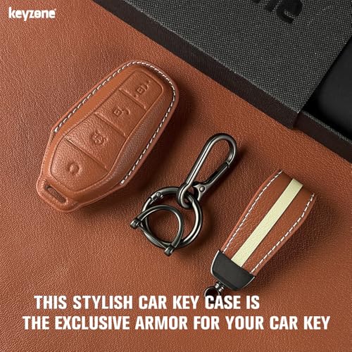 Image of Keyzone Royal Leather Car Key Cover with Keychain for BYD Seal and Atto 3 smart Key (Cognac Brown)