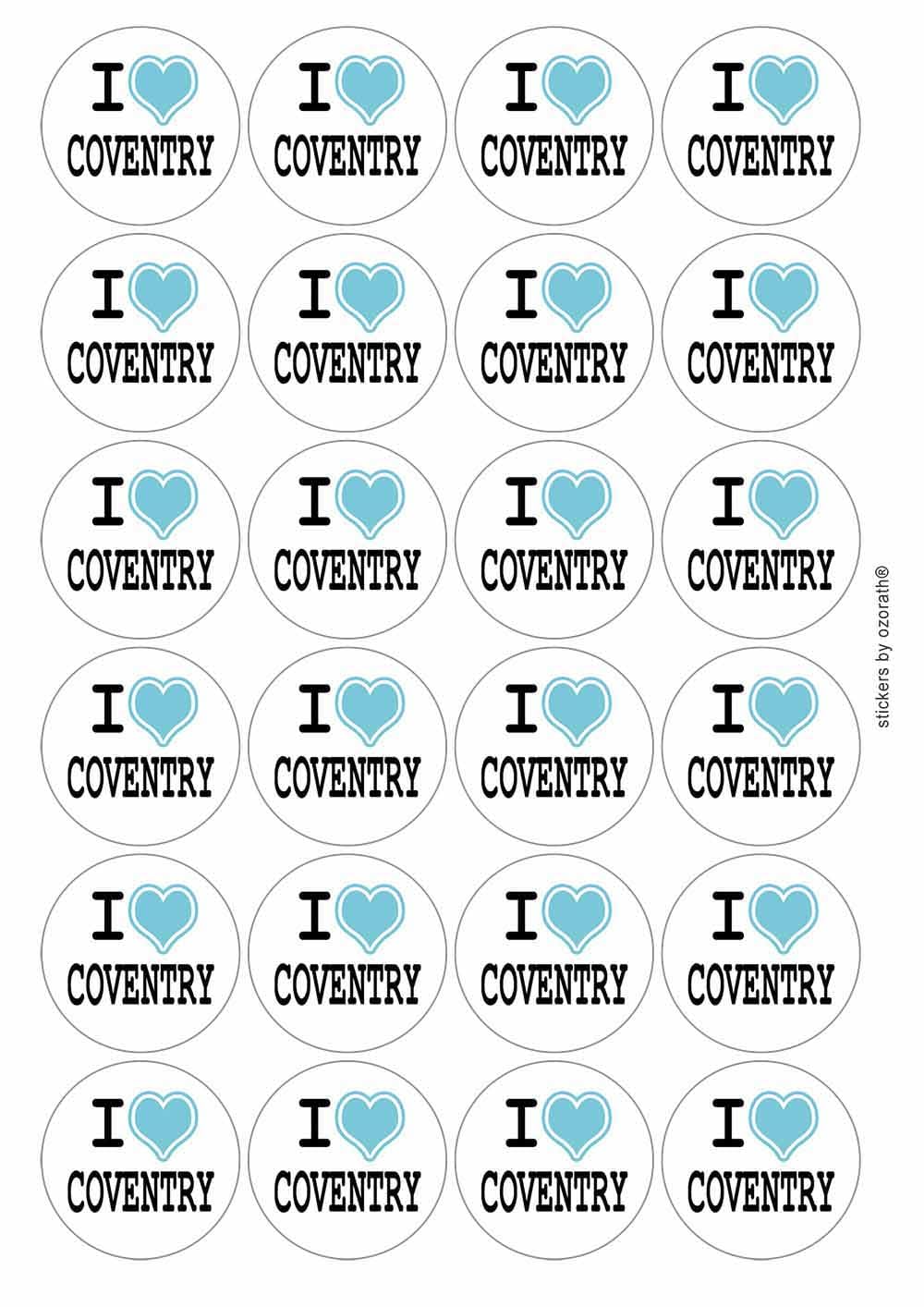 I Heart Love Coventry Circular Matt Paper Stickers A4 Sheet of 24 (Each Sticker is 45mm Diameter)