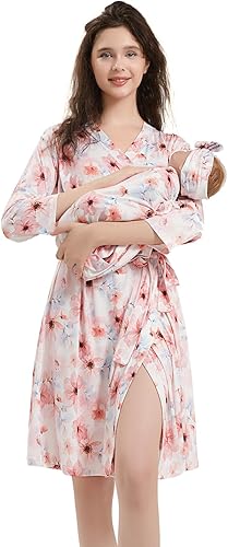 Galabloomer Bata de maternidad y manta de recepción para bebé, juego de bata y manta para el parto de mamá a juego color azul mezclilla, Rosa Azul