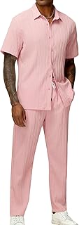 Men's 2 Piece Vertical Striped Textured Outfits Summer Casual Button Dow...