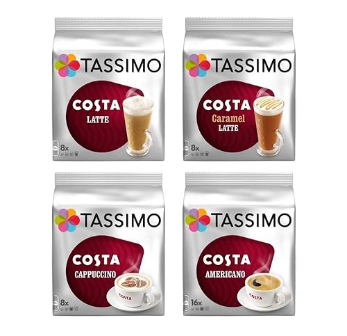 Tassimo 4 paquetes de mezcla de café Costa sabor (leche, caramelo, capuchino, americano) 64 discos en T - 40 porciones